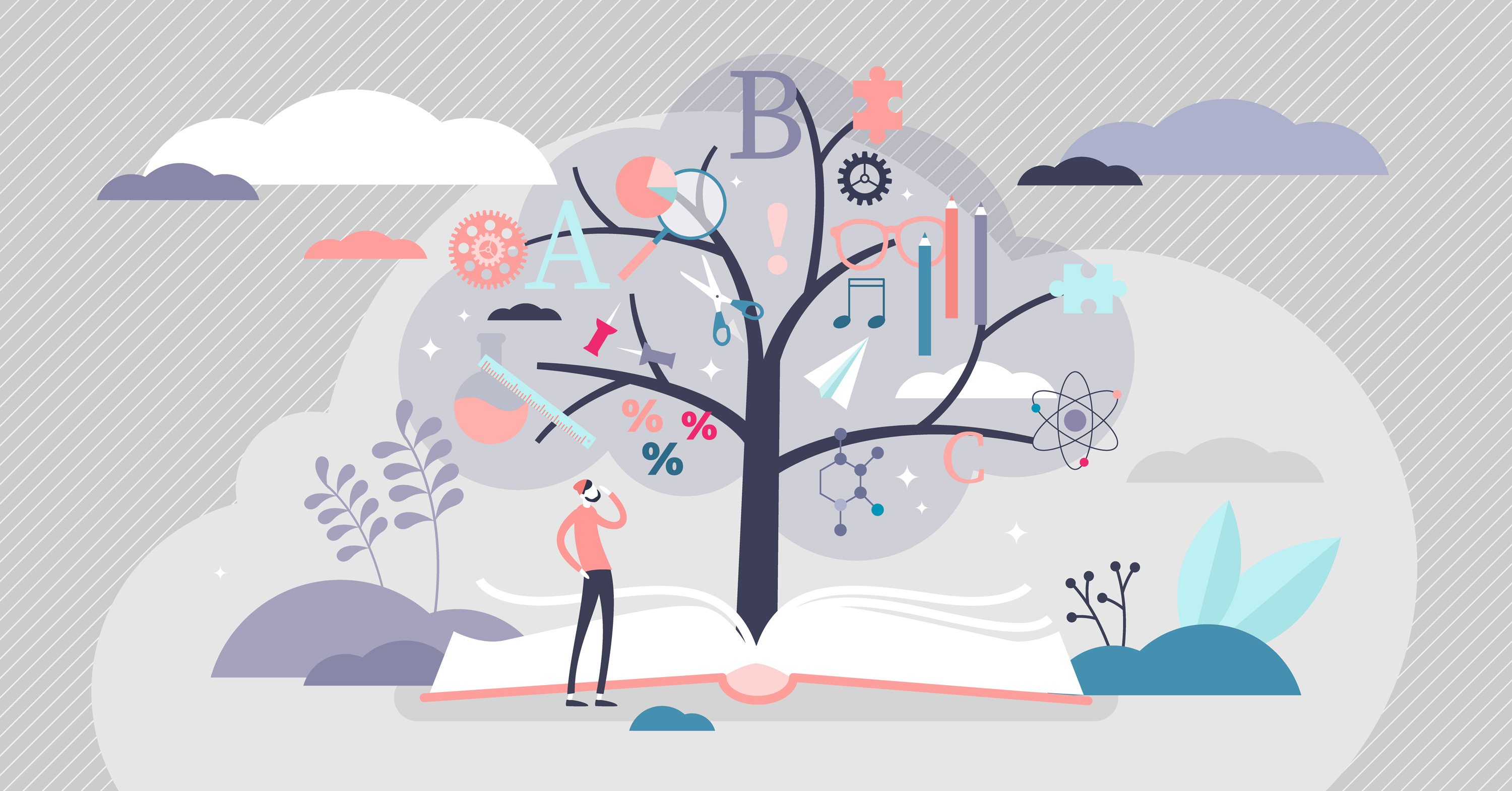 Grafik mit einem Baum, indem verschiedene Icons zum Thema Lehre hängen