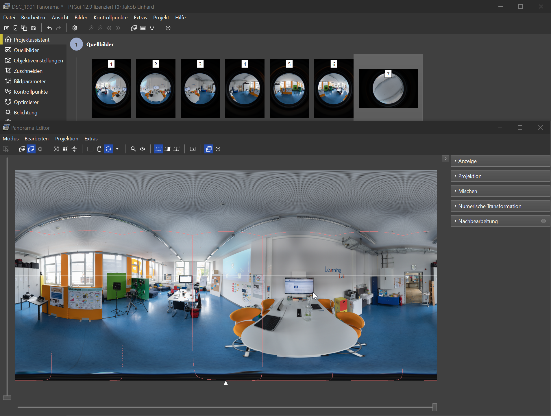 Screenshot des Programms PTGui. Sieben Einzelbilder als Quellbilder ergeben ein zusammengefügtes 360° Panorama.