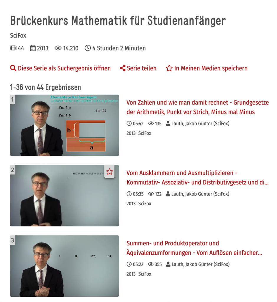 Screenshot der Videoübersicht "Brückenkurs Mathematik für Studienanfänger"