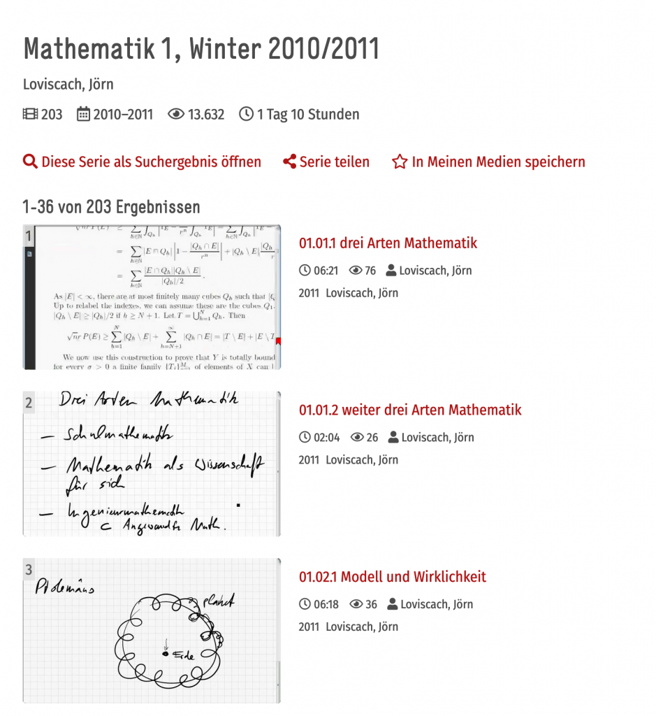 Screenshot der Videoübersicht zu "Mathematik 1, Winter 2010/2011"