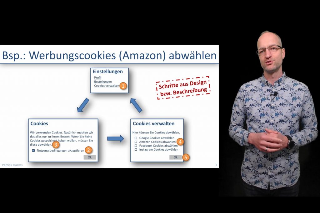Prof. Dr. Harms erklärt in einem Video mit Präsentation im Hintergrund das Abwählen von Werbungscookies am Beispiel von Amazon