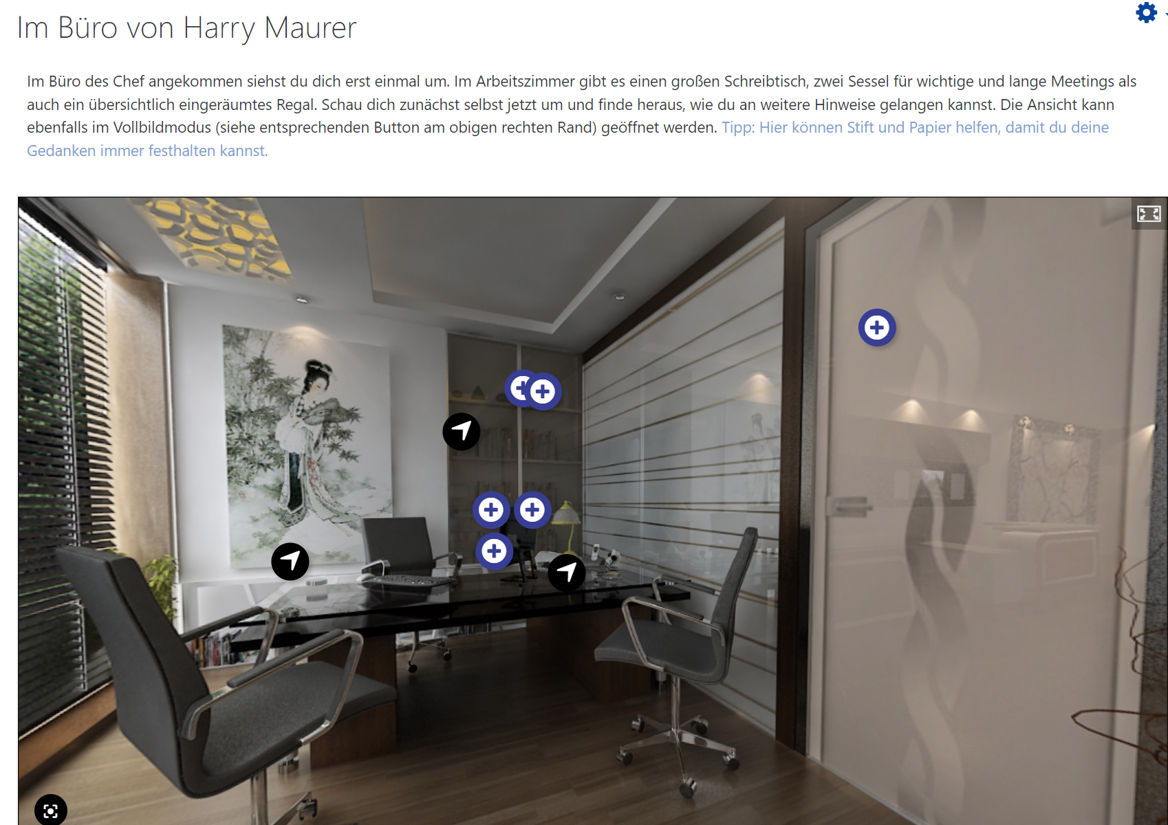 360° Grad Ansicht eines Büros mit Buttons für weitere Informationen